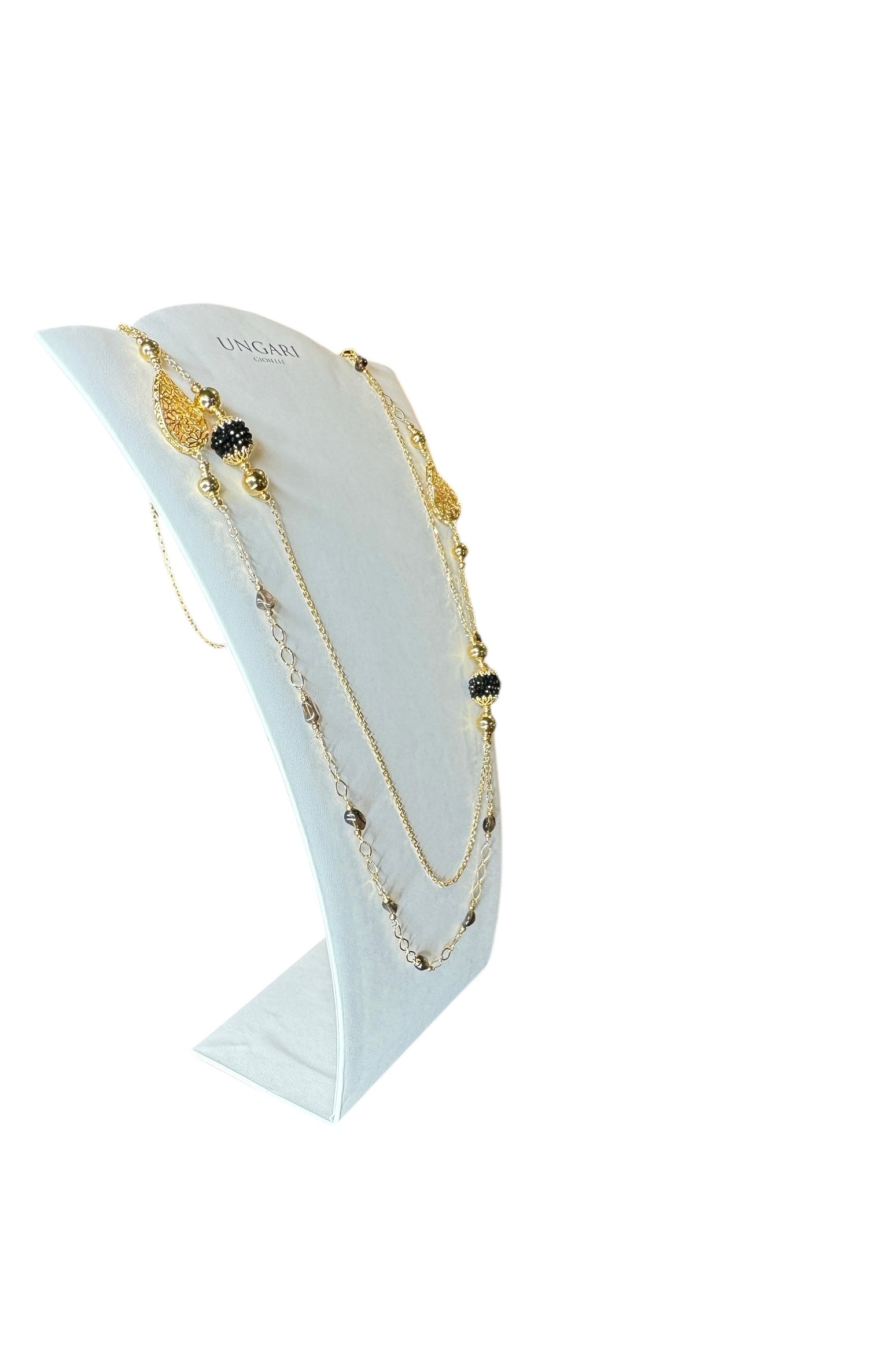 Langes, zweireihiges Halsband aus vergoldeter Bronze und schwarzen Steinen – LE FATE CL 003