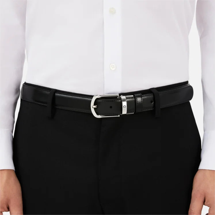 CINTURA MONTBLANC REVERSIBILE IN PELLE NERA/MARRONE 30 MM CON FIBBIA A FERRO DI CAVALLO - 111080