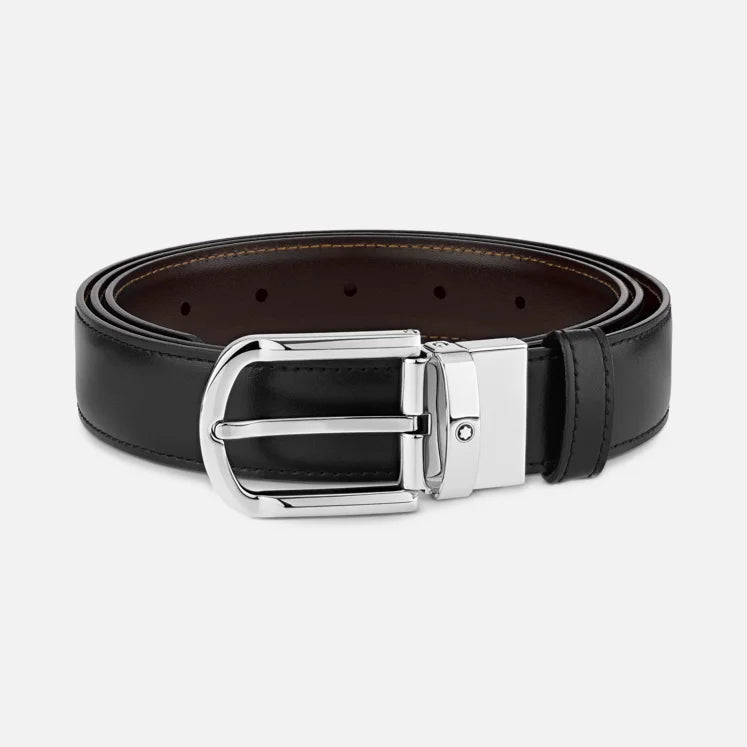 CINTURA MONTBLANC REVERSIBILE IN PELLE NERA/MARRONE 30 MM CON FIBBIA A FERRO DI CAVALLO - 111080