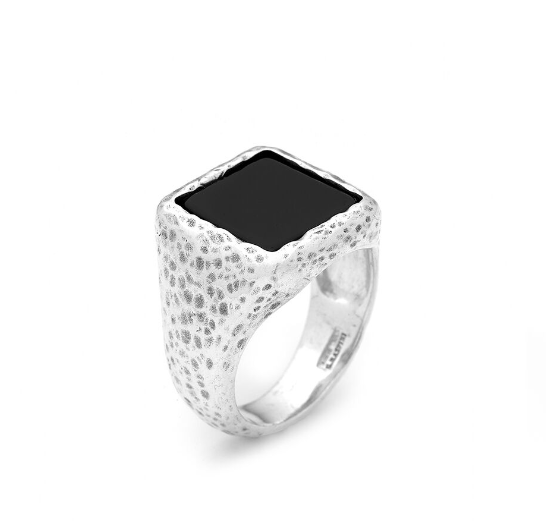 Large Onyx Square Hammered Ring for men - 11643
