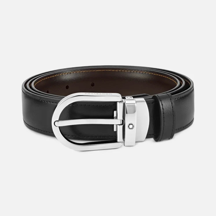 CINTURA MONTBLANC REVERSIBILE IN PELLE NERA/MARRONE 30 MM CON FIBBIA A FERRO DI CAVALLO - 128135