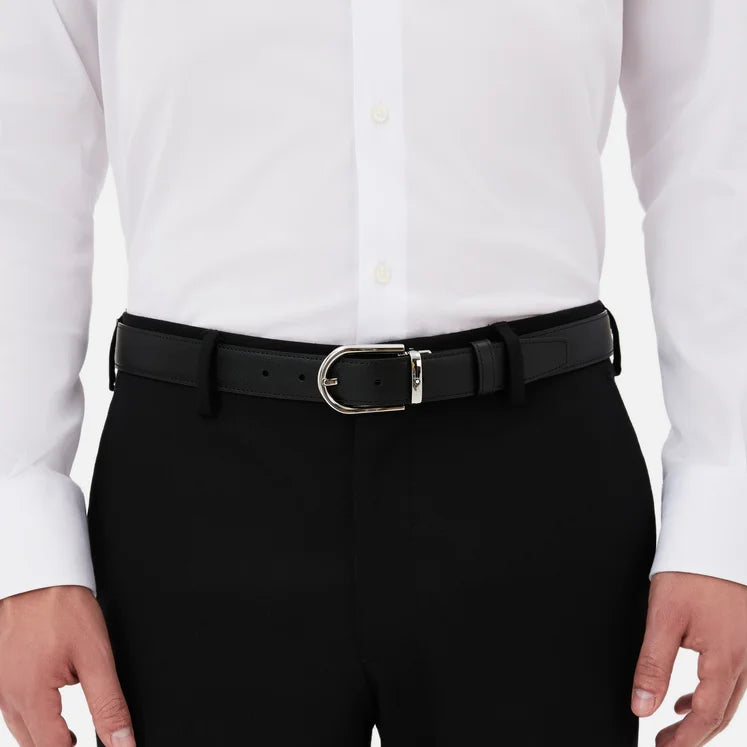 REVERSIBLE BLACK/BLUE LEATHER BELT 30 MM WITH HORSESHOE BUCKLE - 128756