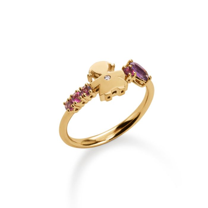 ANELLO LES BONBONS CON SAGOMA BIMBA, IN ORO GIALLO CON AMETISTA, TORMALINE E DIAMANTE - LBB851