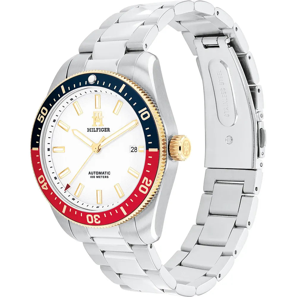 Orologio Tommy Hilfiger, ghiera bicolore rosso e blu, quadrante bianco, automatico, 40mm - 1710551