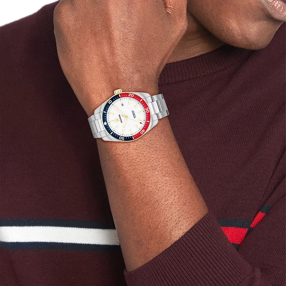 Orologio Tommy Hilfiger, ghiera bicolore rosso e blu, quadrante bianco, automatico, 40mm - 1710551
