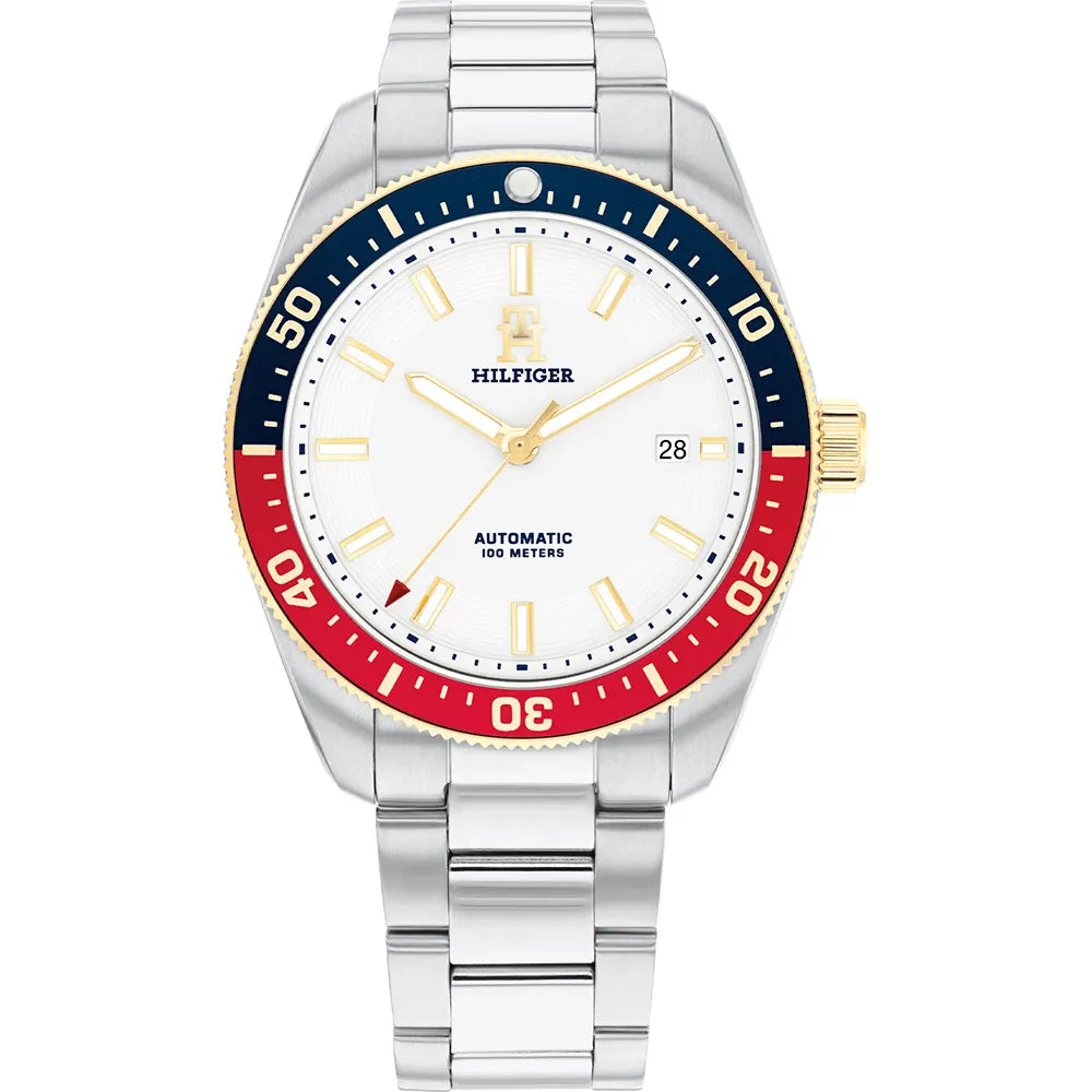Orologio Tommy Hilfiger, ghiera bicolore rosso e blu, quadrante bianco, automatico, 40mm - 1710551