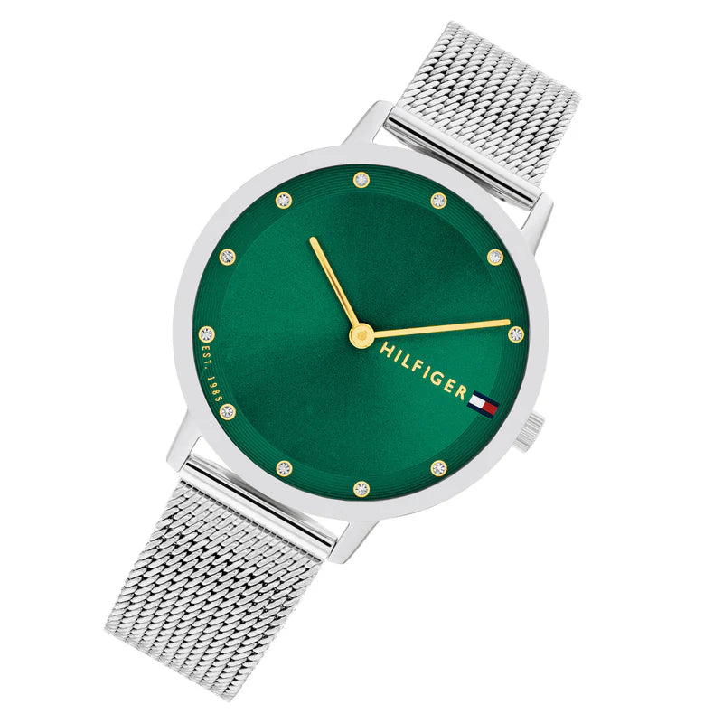 Orologio Tommy Hilfiger da donna, quadrante verde e zirconi sugli indici, 35mm - 1782762