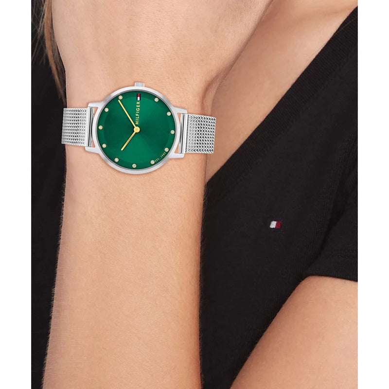Orologio Tommy Hilfiger da donna, quadrante verde e zirconi sugli indici, 35mm - 1782762