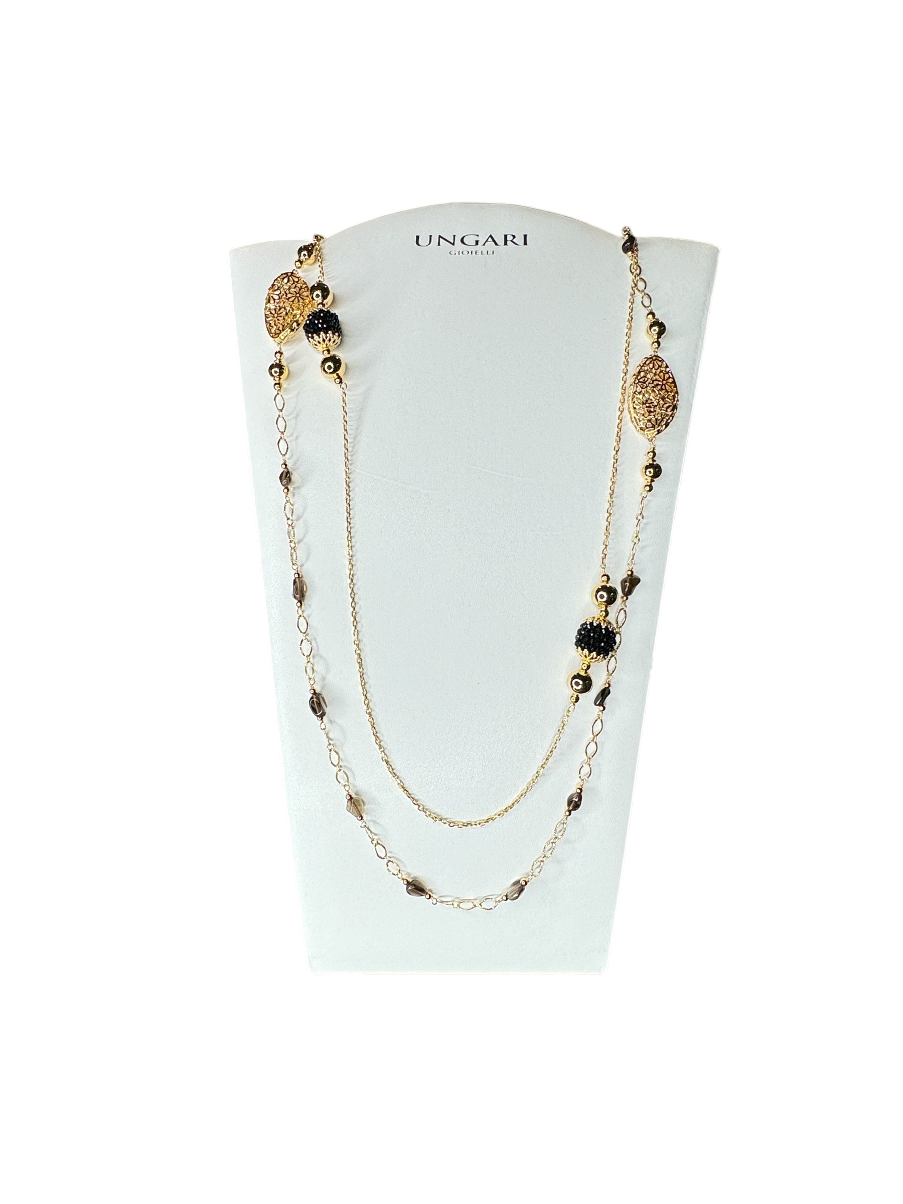 Langes, zweireihiges Halsband aus vergoldeter Bronze und schwarzen Steinen – LE FATE CL 003