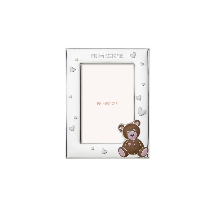 SILBERNER SPIELZEUGRAHMEN MIT ROSA TEDDYBÄR UND HERZEN - PMG-C13