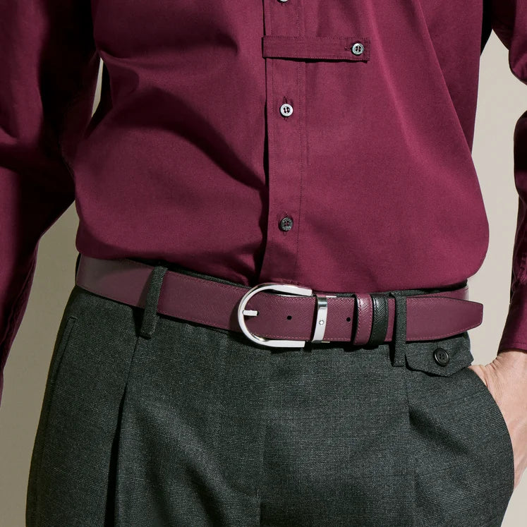 Cintura reversibile Montblanc 35 mm in pelle nera/cassis con fibbia a ferro di cavallo - 199638