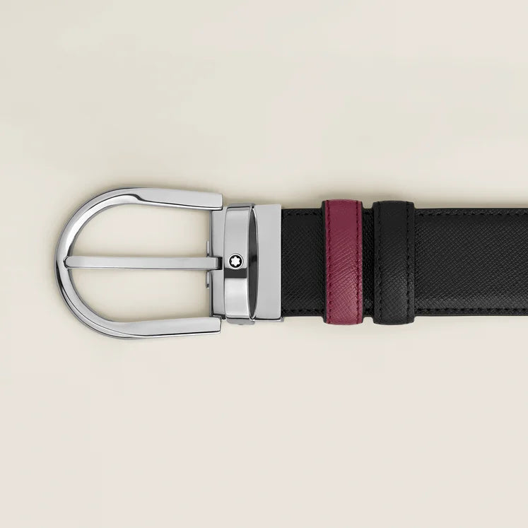 Cintura reversibile Montblanc 35 mm in pelle nera/cassis con fibbia a ferro di cavallo - 199638