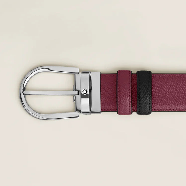 Cintura reversibile Montblanc 35 mm in pelle nera/cassis con fibbia a ferro di cavallo - 199638