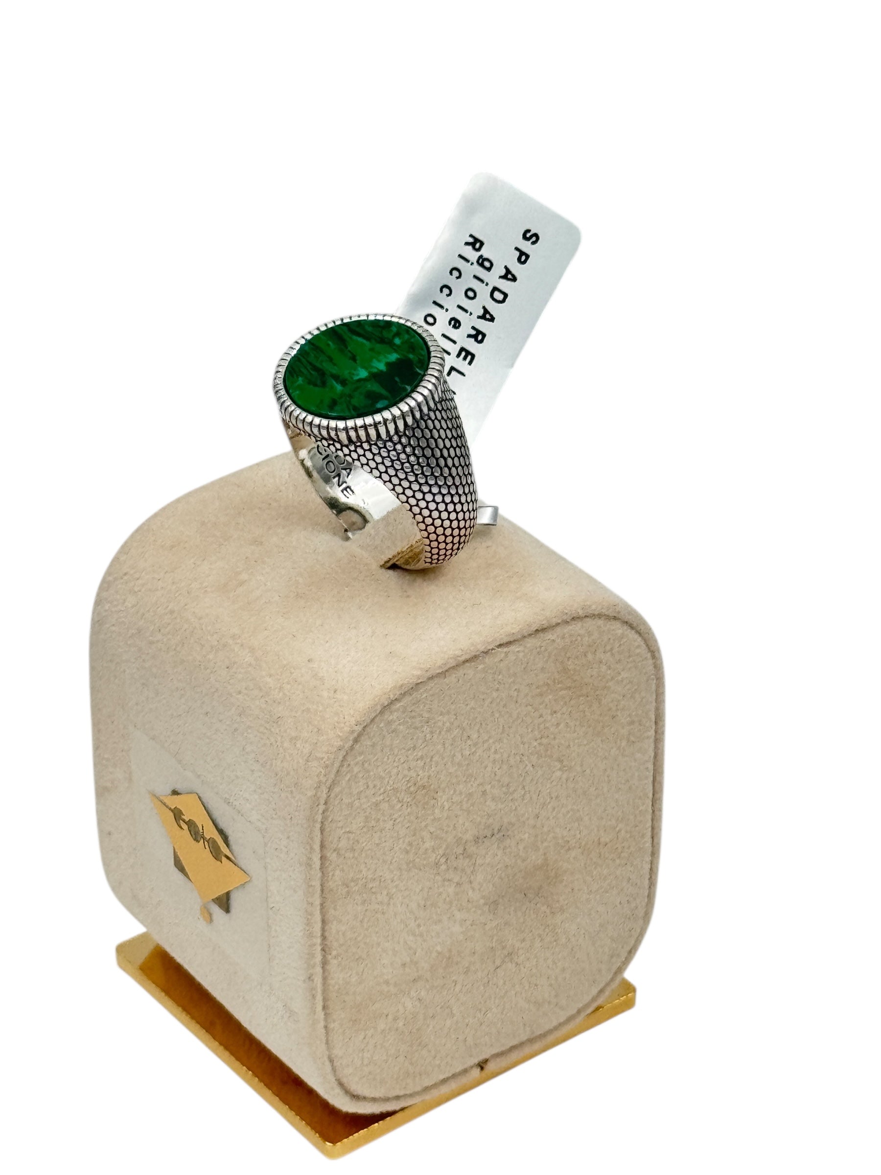 Anello Spadarella in argento, uomo, pietra tonda, pasta di malachite verde - AN723