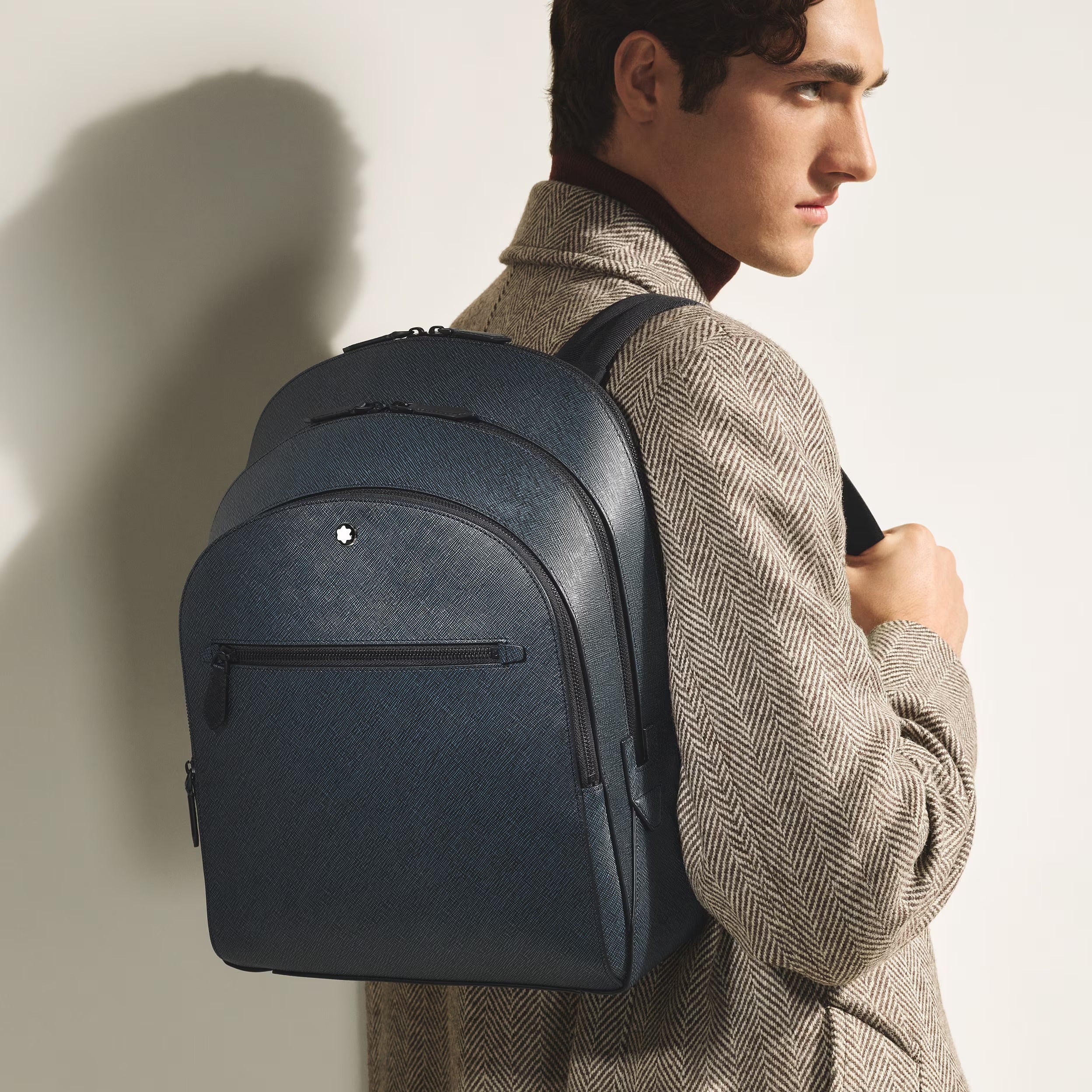 Zaino Montblanc Medio con 3 Compartimenti in Pelle Sartorial, colore Tweed Blu - 220335