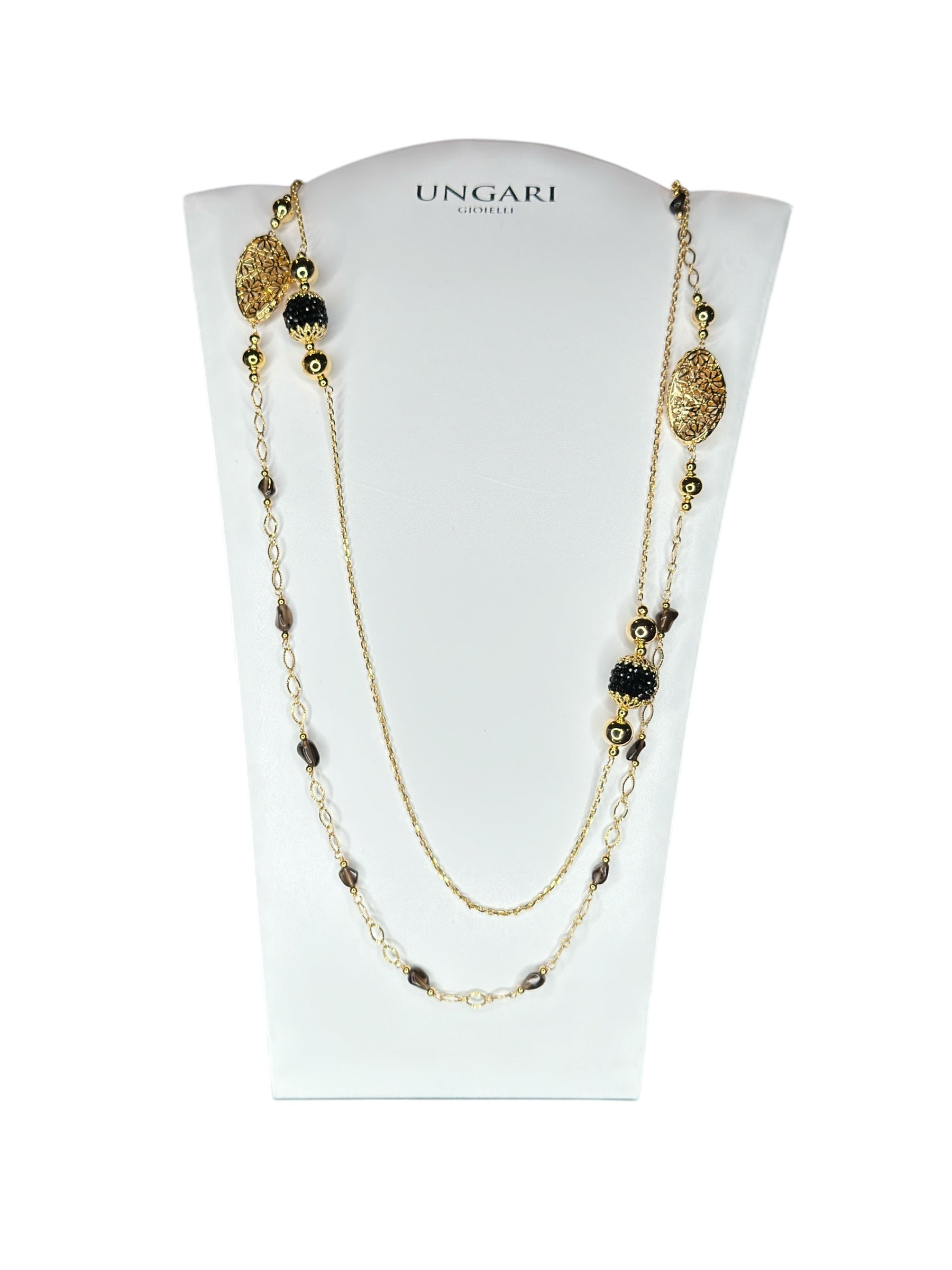 Langes, zweireihiges Halsband aus vergoldeter Bronze und schwarzen Steinen – LE FATE CL 003