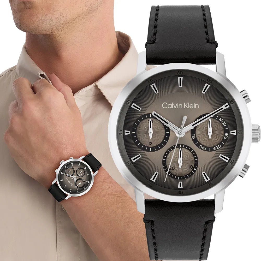 Orologio cronografo Calvin Klein GAUGE, 41mm, con quadrante color bronzo scuro e cinturino in pelle nero - 25200496