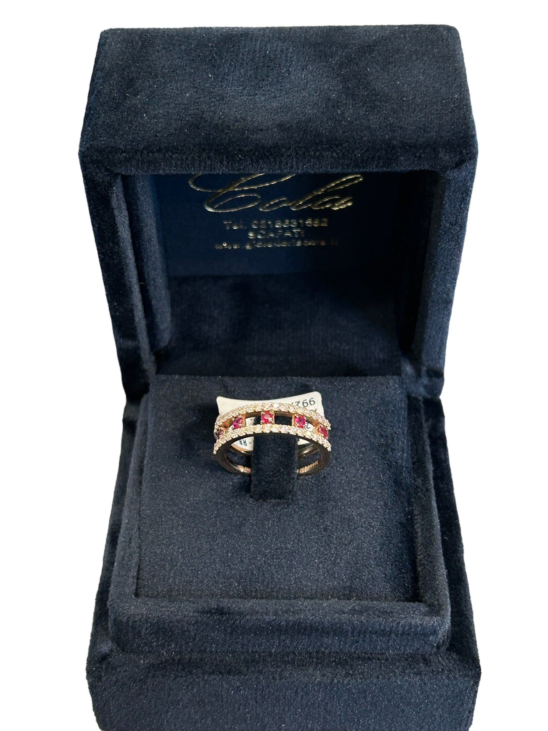 Anello oro rosa 18kt 2 file diamanti bianchi bianchi e 5 rubini centrali - 659A06MP