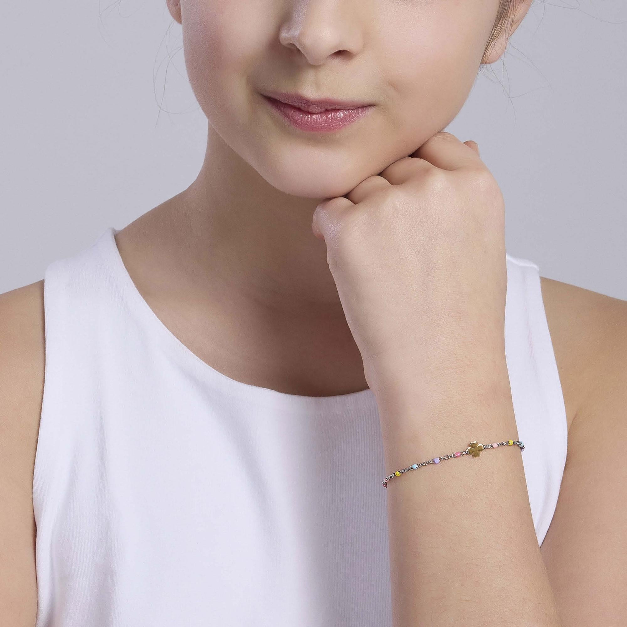 Mabina Junior – Mehrfarbiges vierblättriges Kleeblatt-Armband aus 9 Karat Gold. Finde mich – 534034