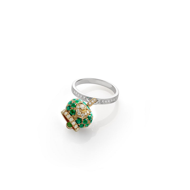 Bell ring in yellow gold and emeralds, rooster and shank in white gold and diamonds - 37731