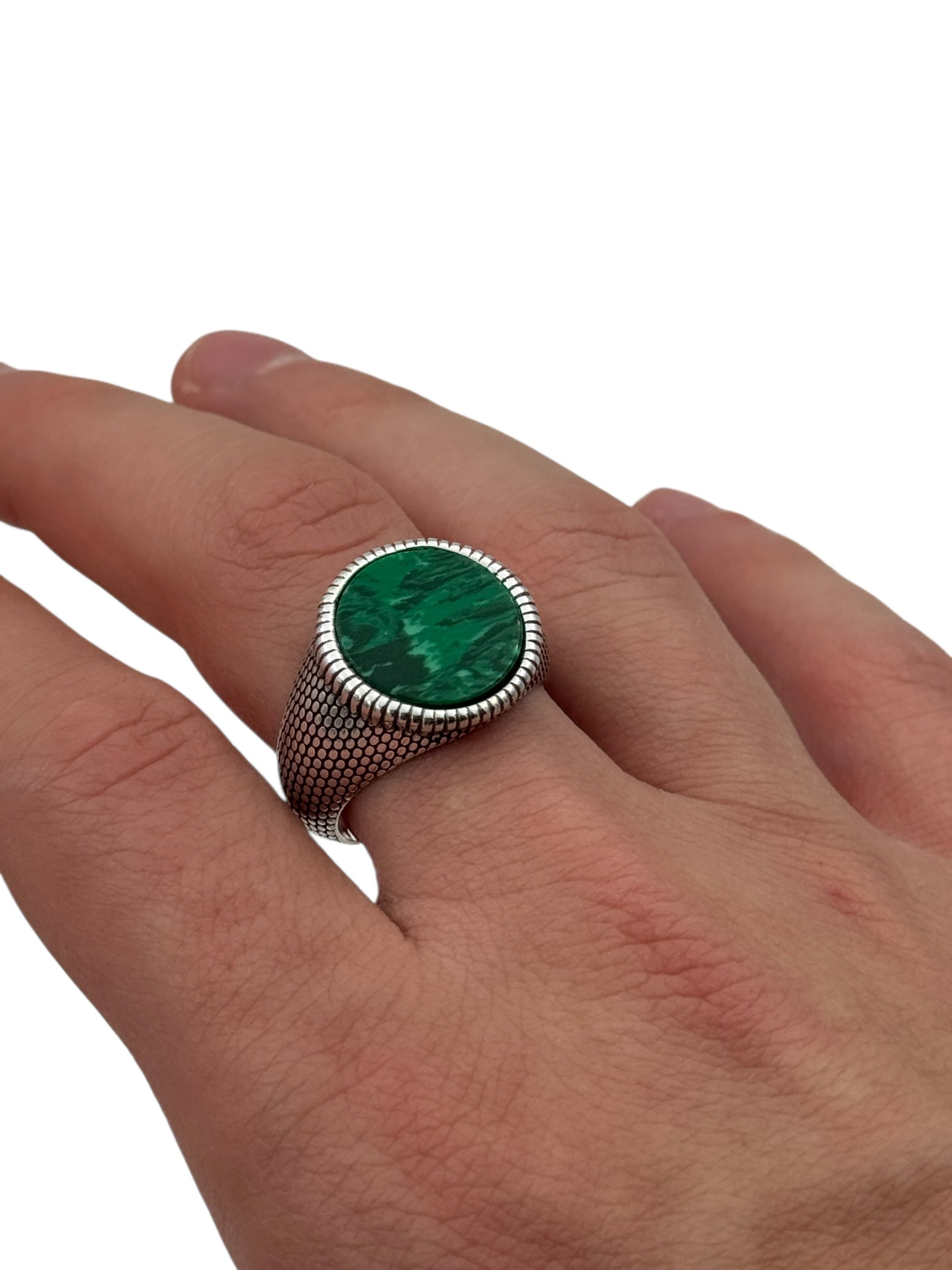 Anello Spadarella in argento, uomo, pietra tonda, pasta di malachite verde - AN723