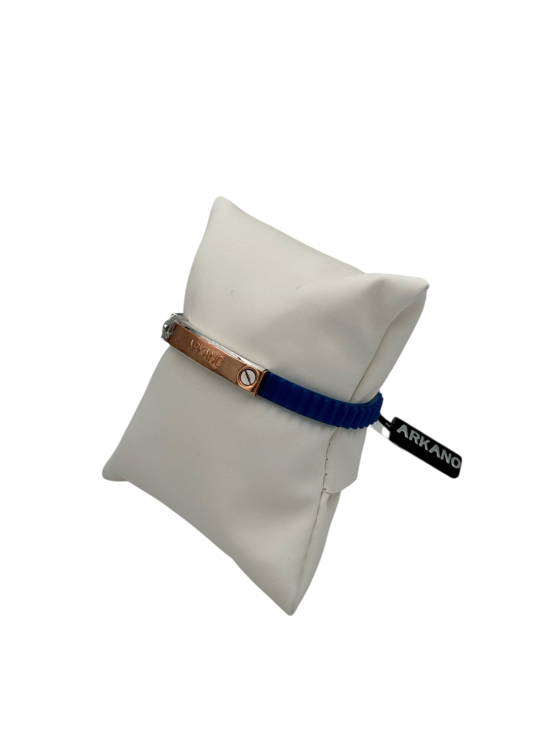 Bracciale Arkano in caucciù, colore azzurro, in acciaio 316L e placchetta centrale rivestita di oro rosa 18kt - BRIAT1 N OR