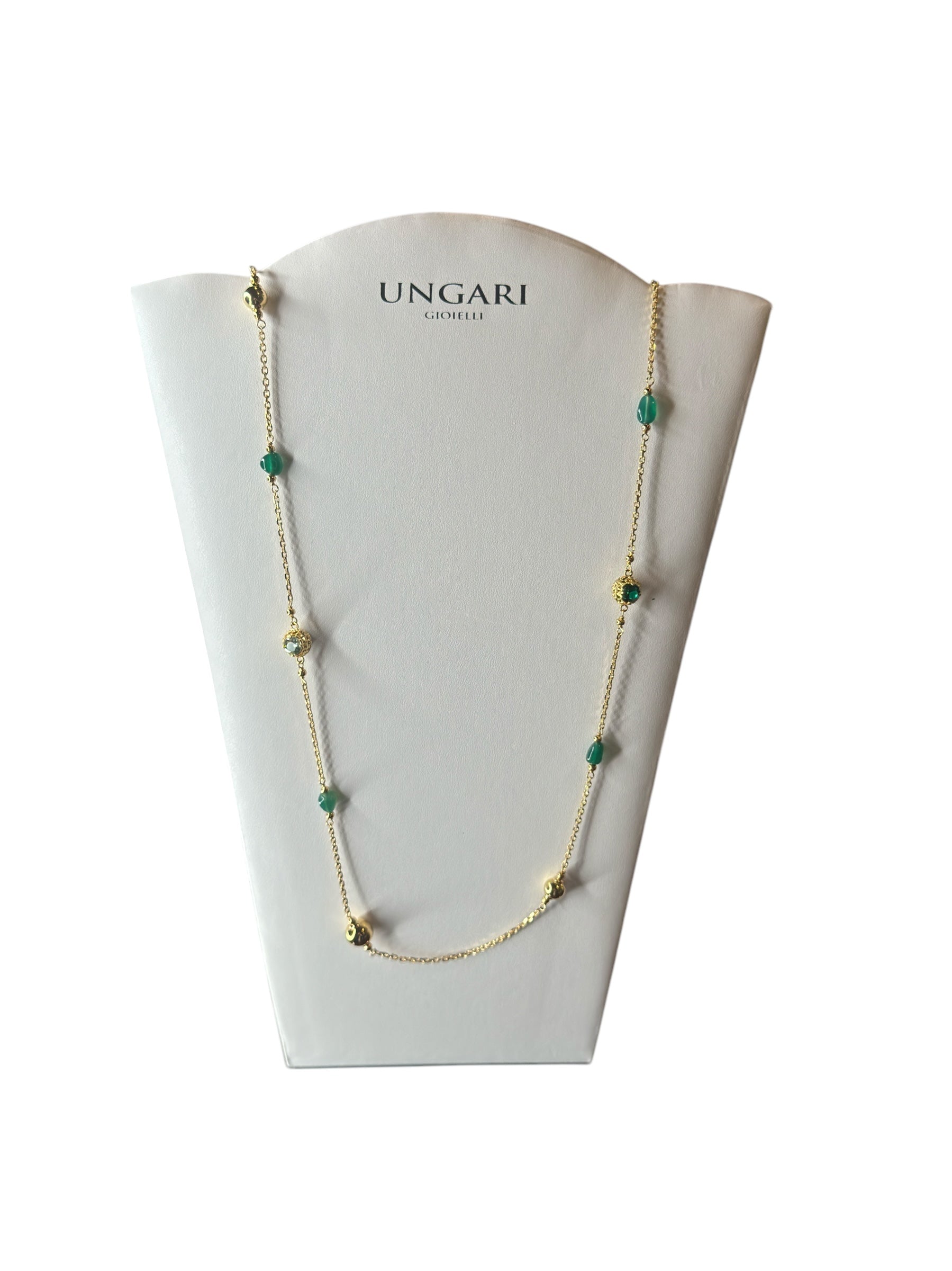 Langes Halsband aus vergoldeter Bronze mit grünen Steinen - DIAMANTEN CL 023