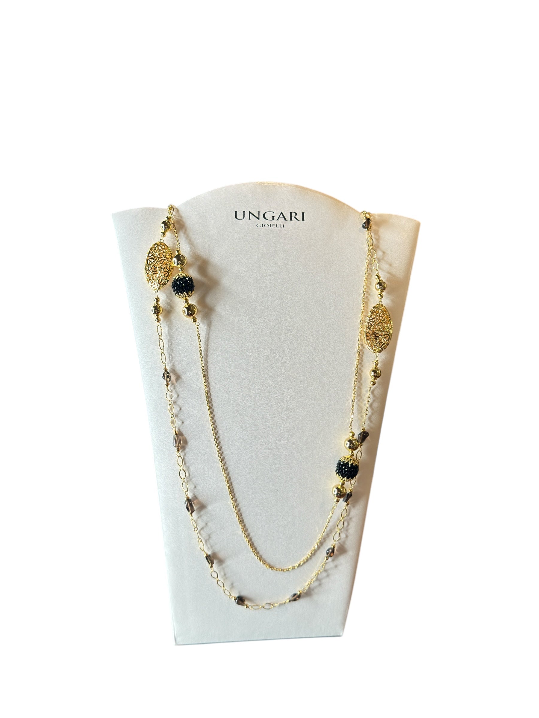 Langes, zweireihiges Halsband aus vergoldeter Bronze und schwarzen Steinen – LE FATE CL 003