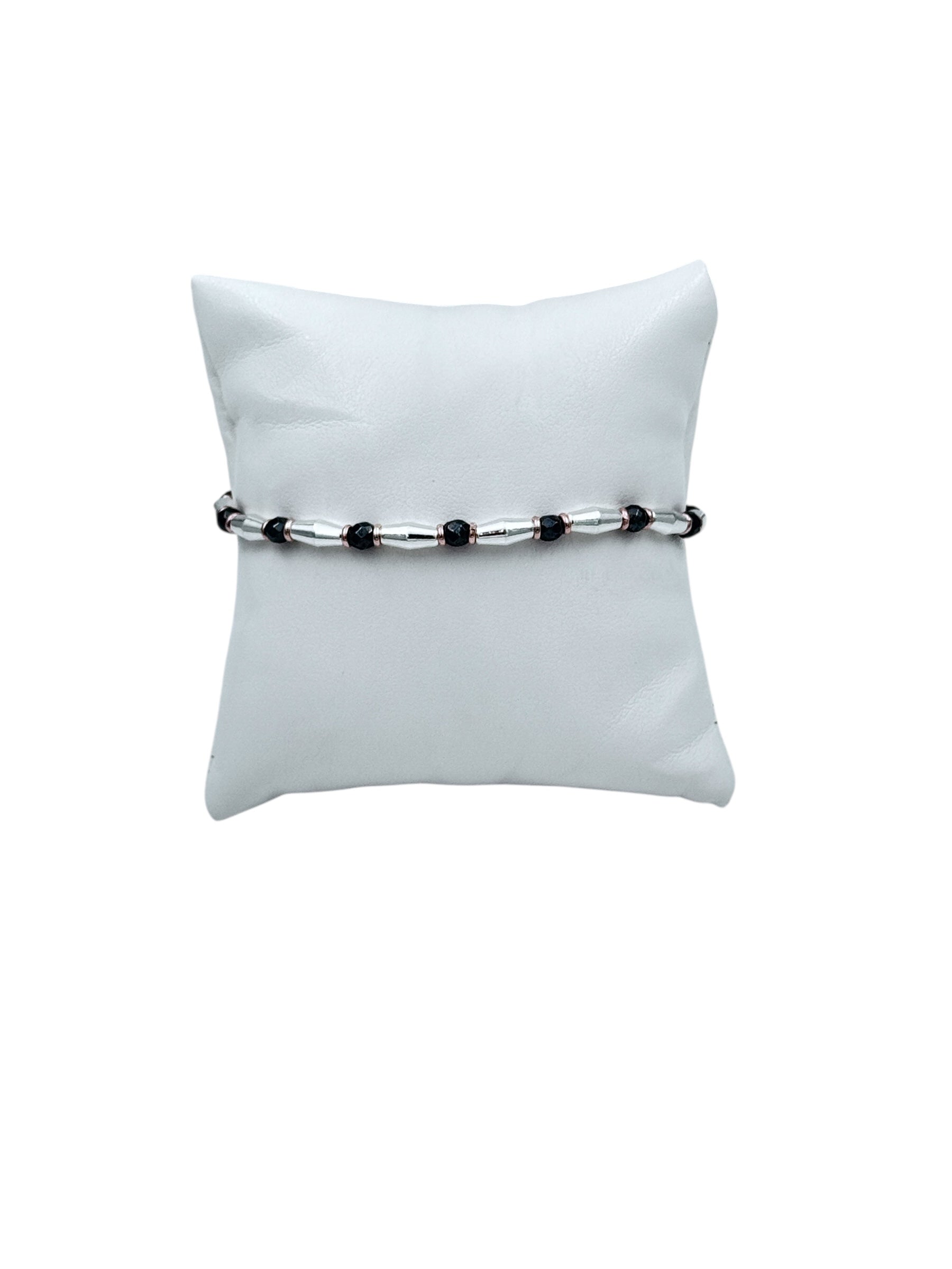 Bracciale Spadarella in argento con anelli color oro rosa e pietre nere - SPBR648