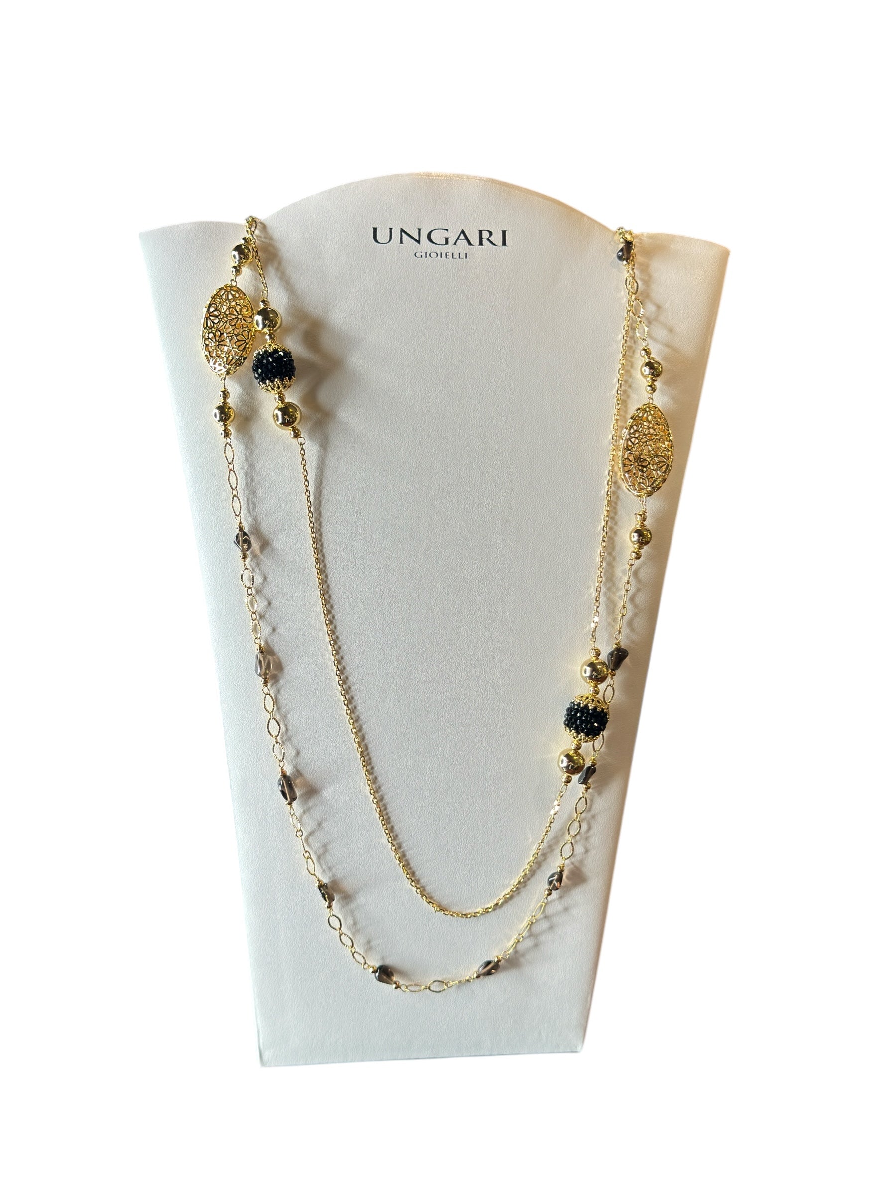 Langes, zweireihiges Halsband aus vergoldeter Bronze und schwarzen Steinen – LE FATE CL 003
