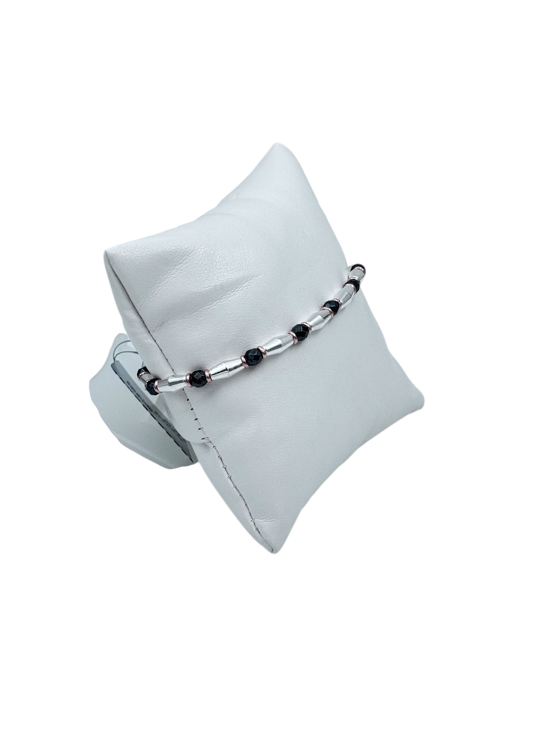 Bracciale Spadarella in argento con anelli color oro rosa e pietre nere - SPBR648
