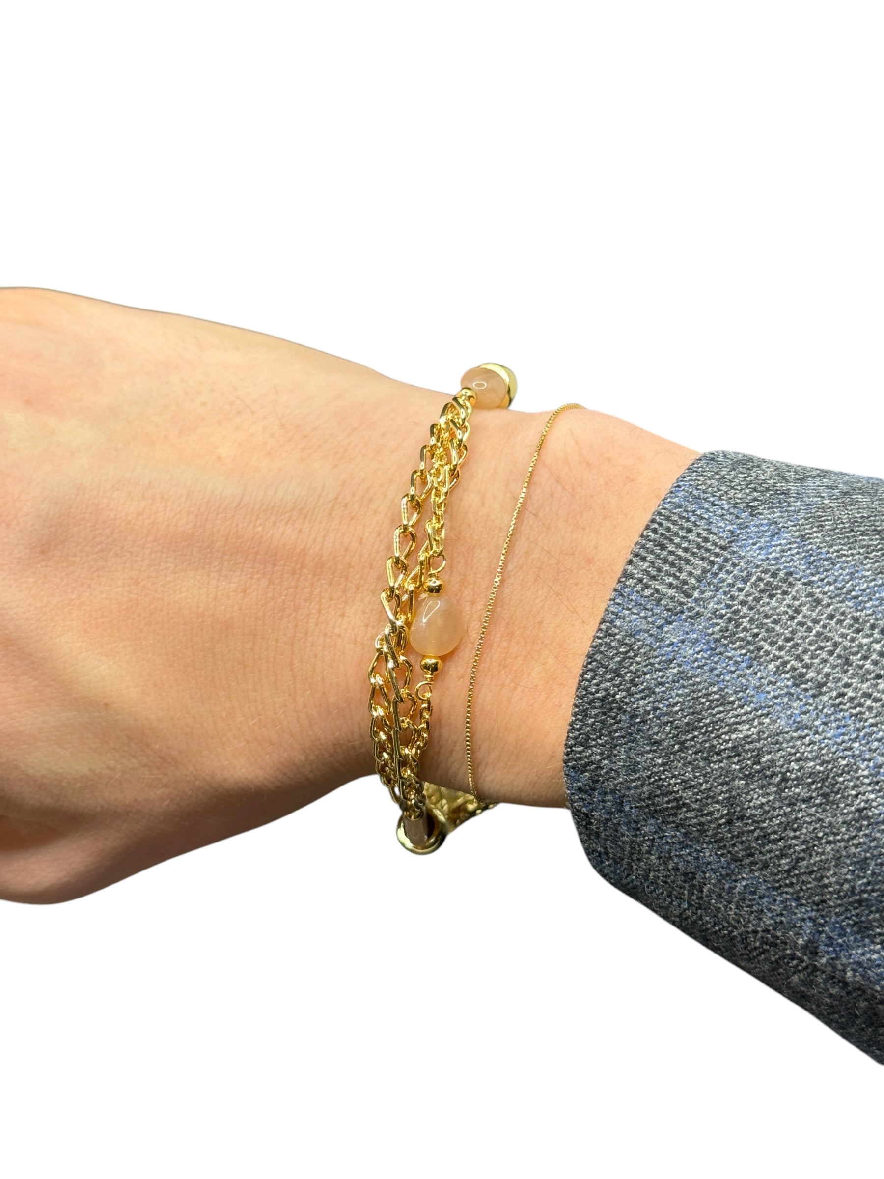 Zweireihiges Armband aus vergoldeter Bronze und rosa Steinen - LE FATE BR 004