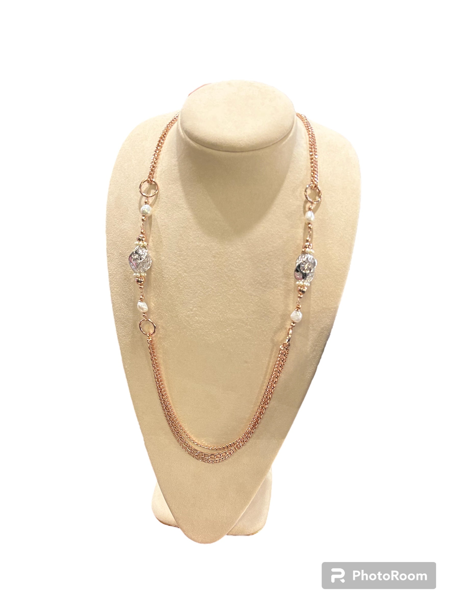 Lange mehrreihige Halskette aus Rosébronze mit Boulle und Perlen - LAN CL 024