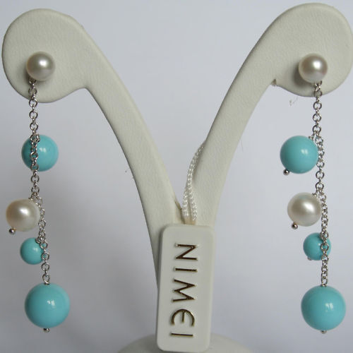 NIMEI 18 Karat Gold Perlen und Türkis Dangle Ohrringe – PER979