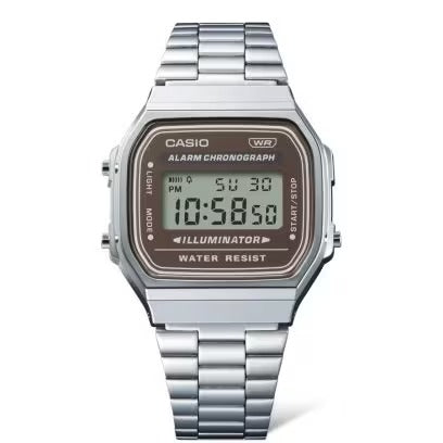 Casio Iconic Collection Damen-Digitaluhr mit braunem Zifferblatt, 36 mm – A168WA-5AYES