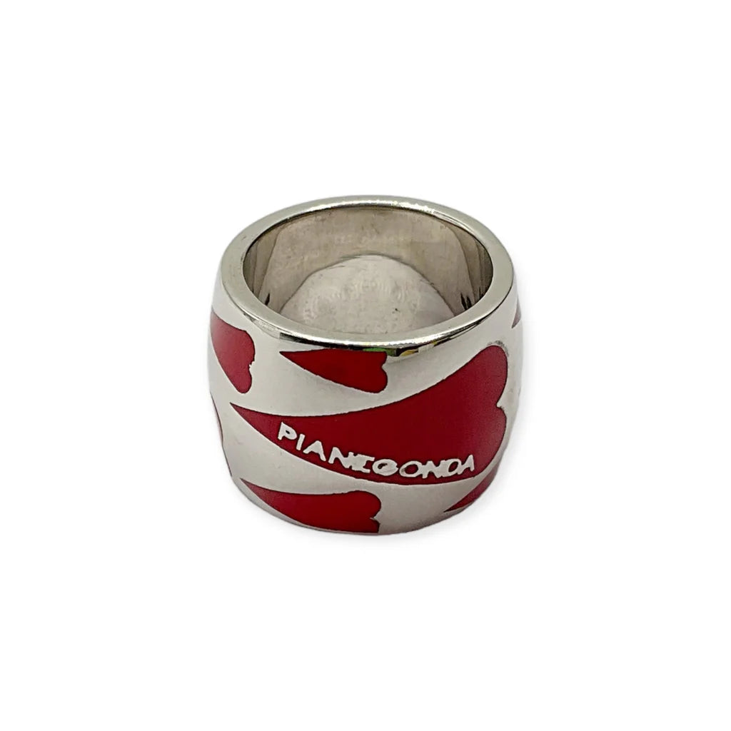 Pianegonda Damen-Silberring mit breitem Band und eingravierten Herzen aus rotem Emaille, Kollektion Cachet D Amour – AA010658