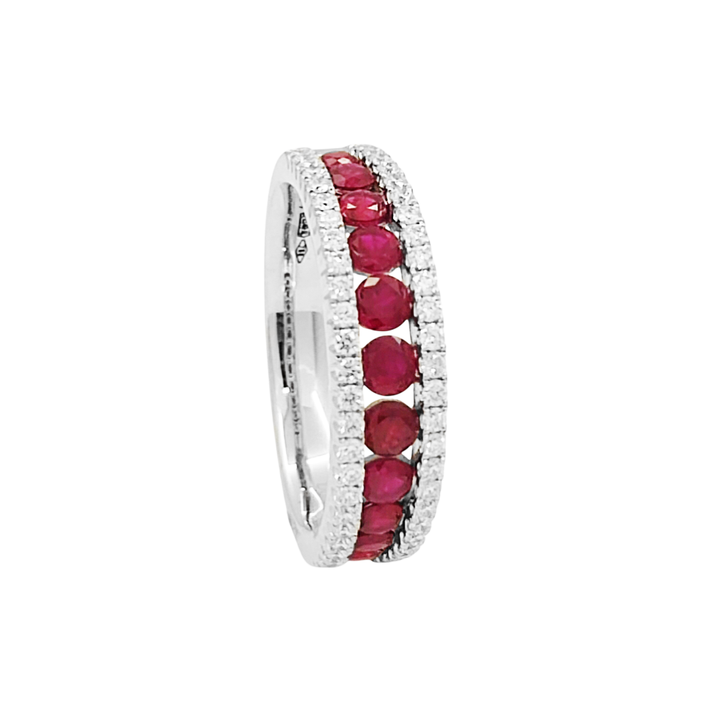 Anello Veretta Giorgio Visconti binario in oro bianco 18kt, diamanti e fila di rubini centrale, 0.95ct di rubino - ABX14189R
