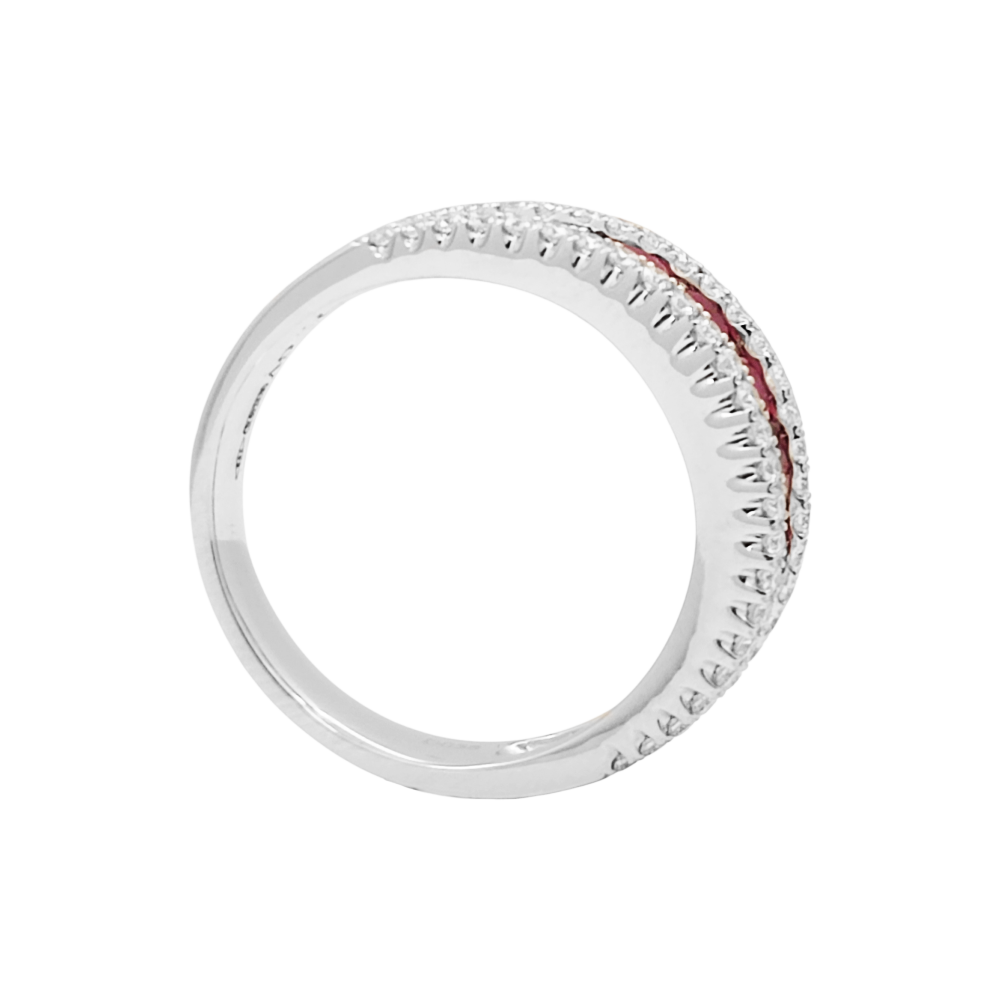 Anello Veretta Giorgio Visconti binario in oro bianco 18kt, diamanti e fila di rubini centrale, 0.95ct di rubino - ABX14189R