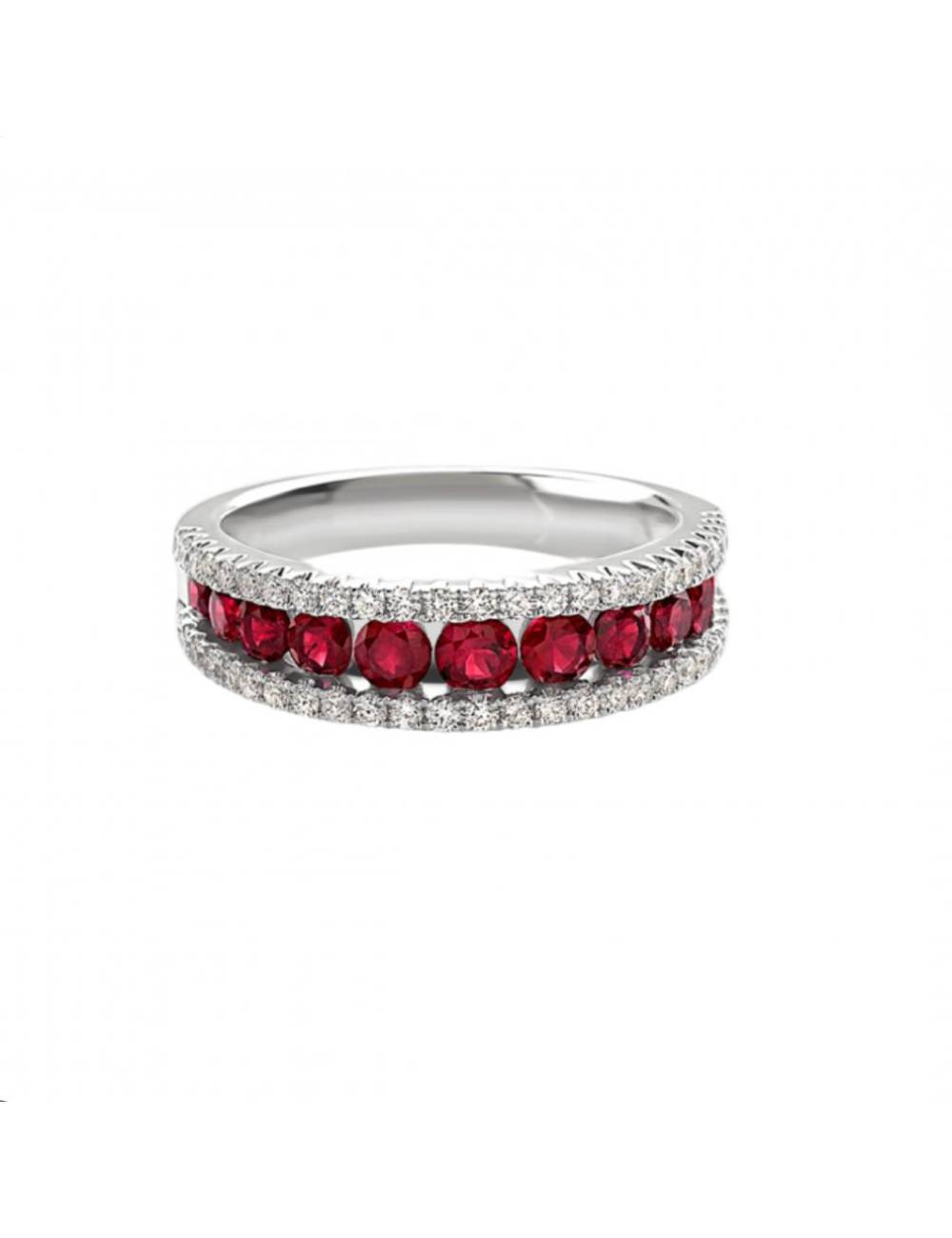 Anello Veretta Giorgio Visconti binario in oro bianco 18kt, diamanti e fila di rubini centrale, 0.95ct di rubino - ABX14189R