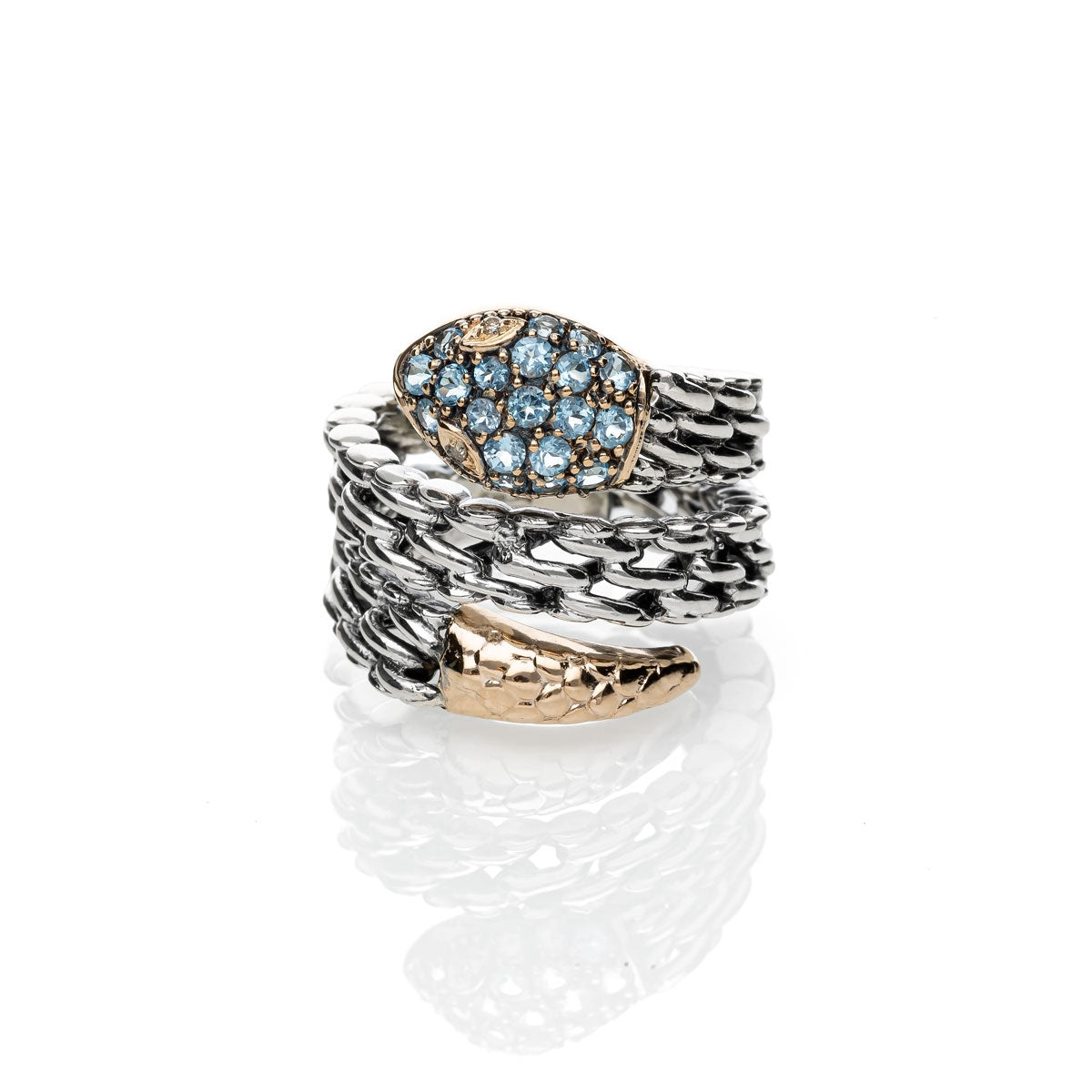 Anello De Nobili Medievale serpente piccolo doppio gambo, con topazio azzurro - AN625-Azz