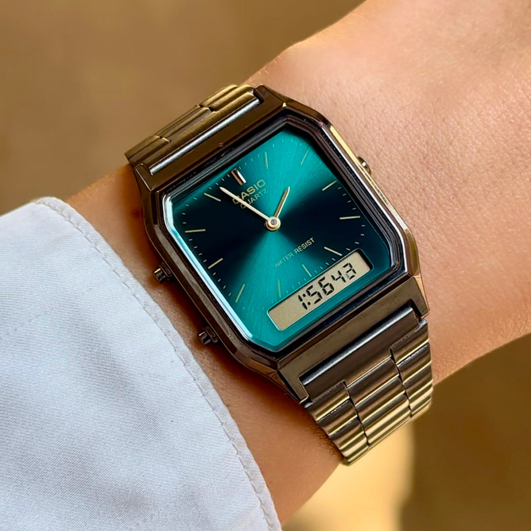 CASIO Vintage-Uhr der AQ-230-Serie, SMARAGD-ZIFFERBLATT, 30 mm – AQ-230EGG-3AEF