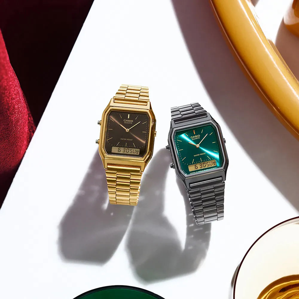 CASIO Vintage-Uhr der AQ-230-Serie, SMARAGD-ZIFFERBLATT, 30 mm – AQ-230EGG-3AEF