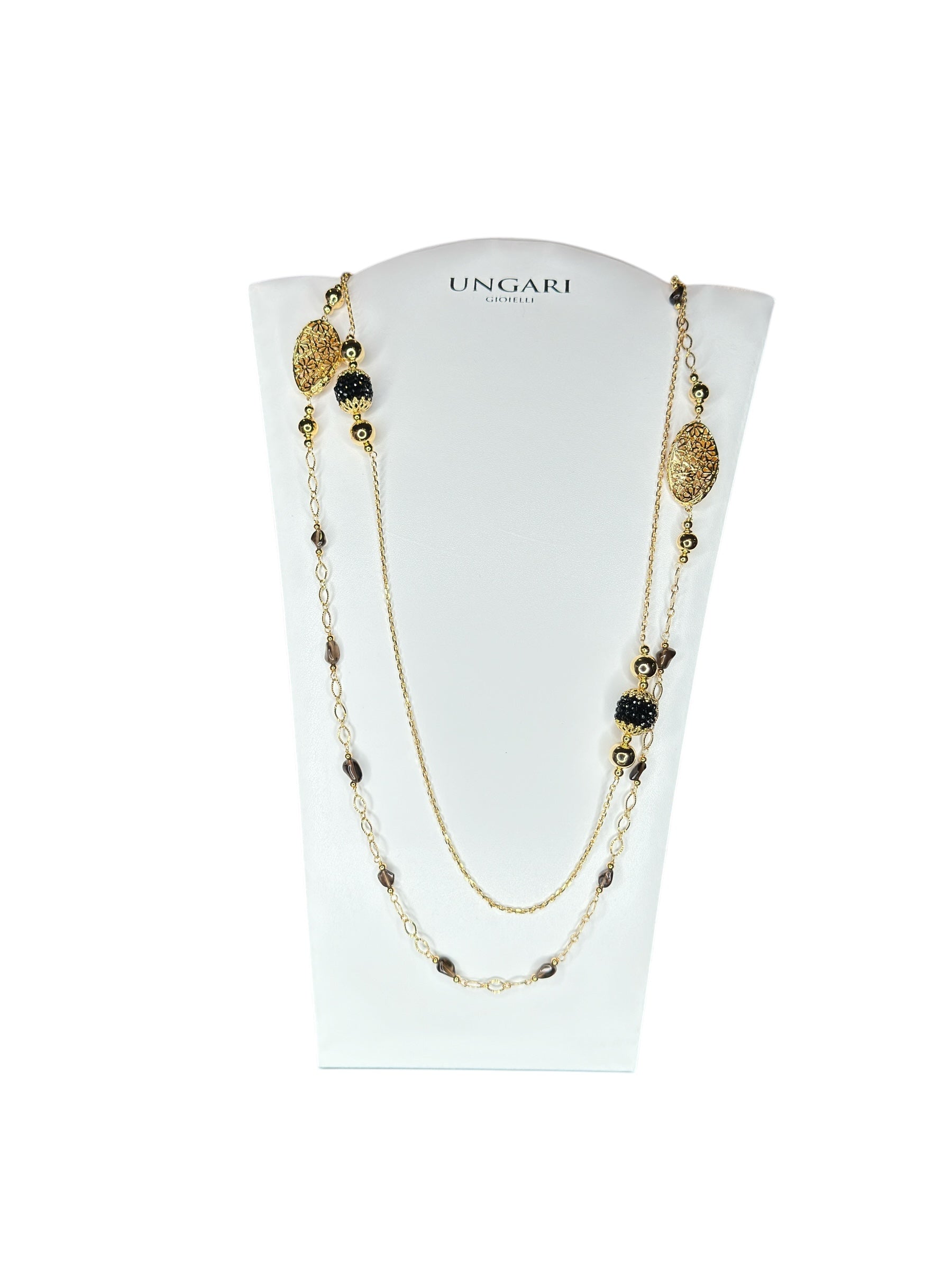 Langes, zweireihiges Halsband aus vergoldeter Bronze und schwarzen Steinen – LE FATE CL 003