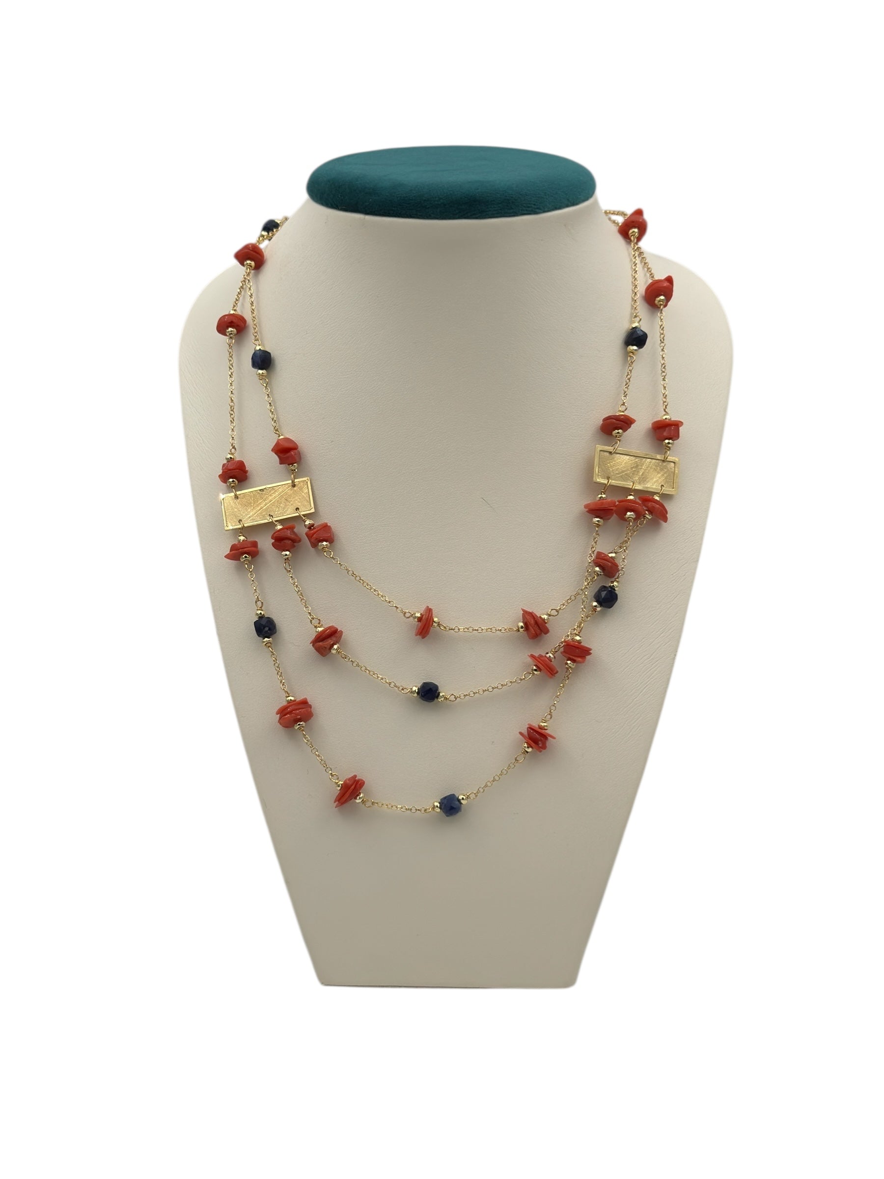 Koliè 925 - Collana multifilo in argento dorato, con corallo e pietre semipreziose naturali - CL NERES 11