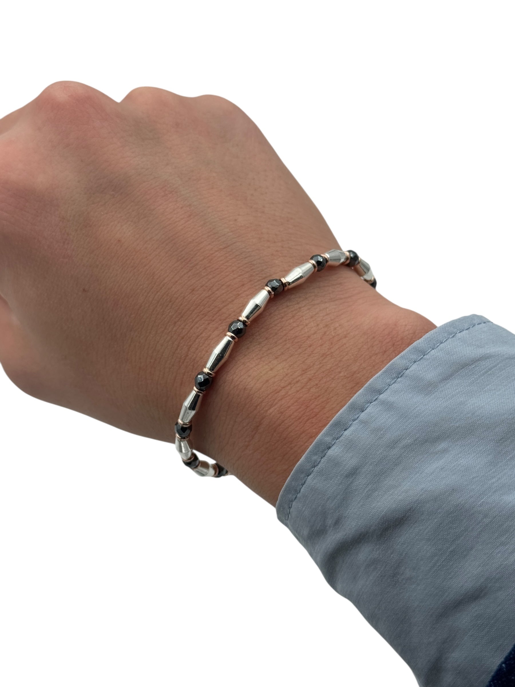 Bracciale Spadarella in argento con anelli color oro rosa e pietre nere - SPBR648