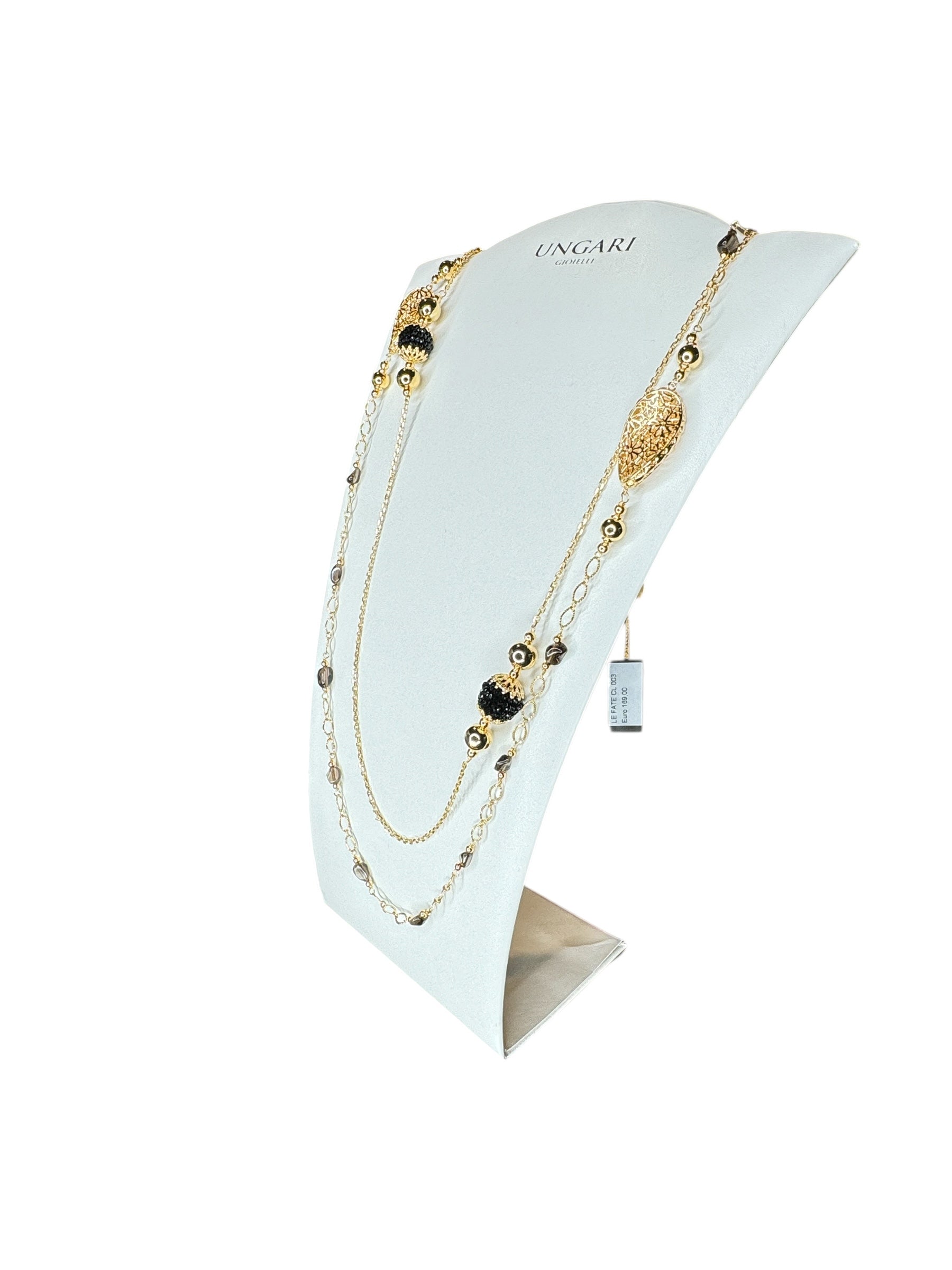 Langes, zweireihiges Halsband aus vergoldeter Bronze und schwarzen Steinen – LE FATE CL 003
