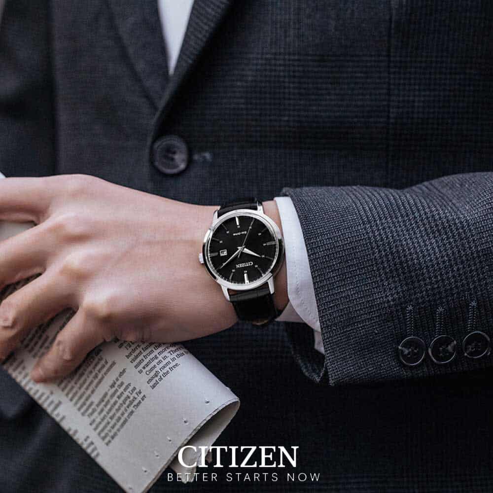 Citizen Classic, Happy Hours Collection, Lederarmband und schwarzes Zifferblatt, 40 mm – BM7460-11E