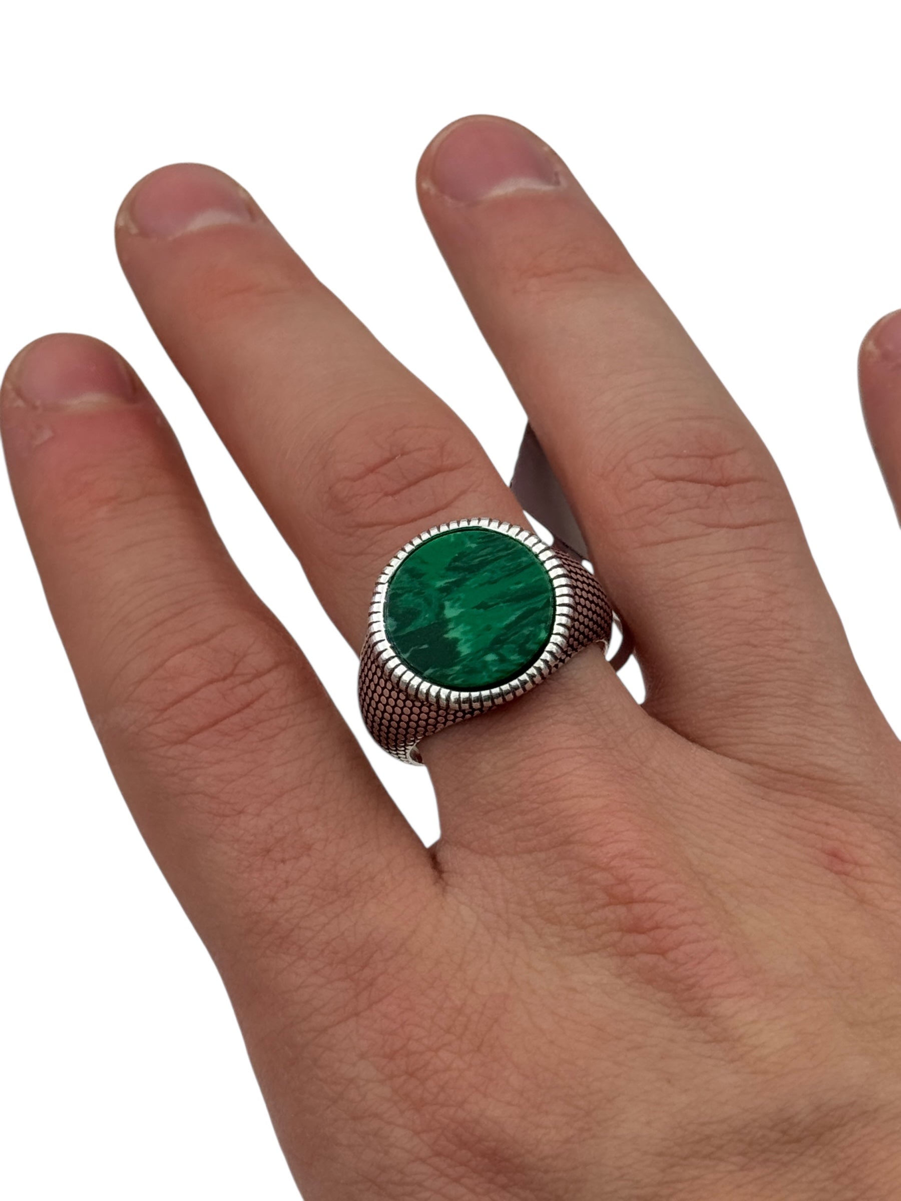 Anello Spadarella in argento, uomo, pietra tonda, pasta di malachite verde - AN723
