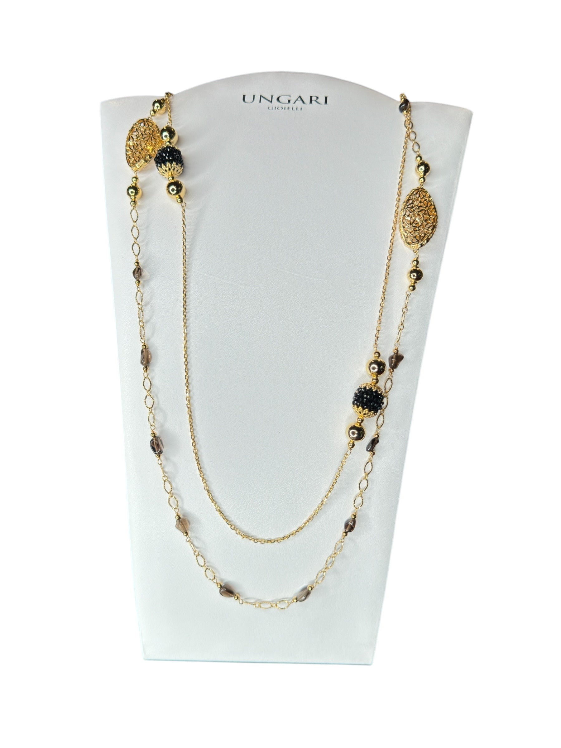 Langes, zweireihiges Halsband aus vergoldeter Bronze und schwarzen Steinen – LE FATE CL 003