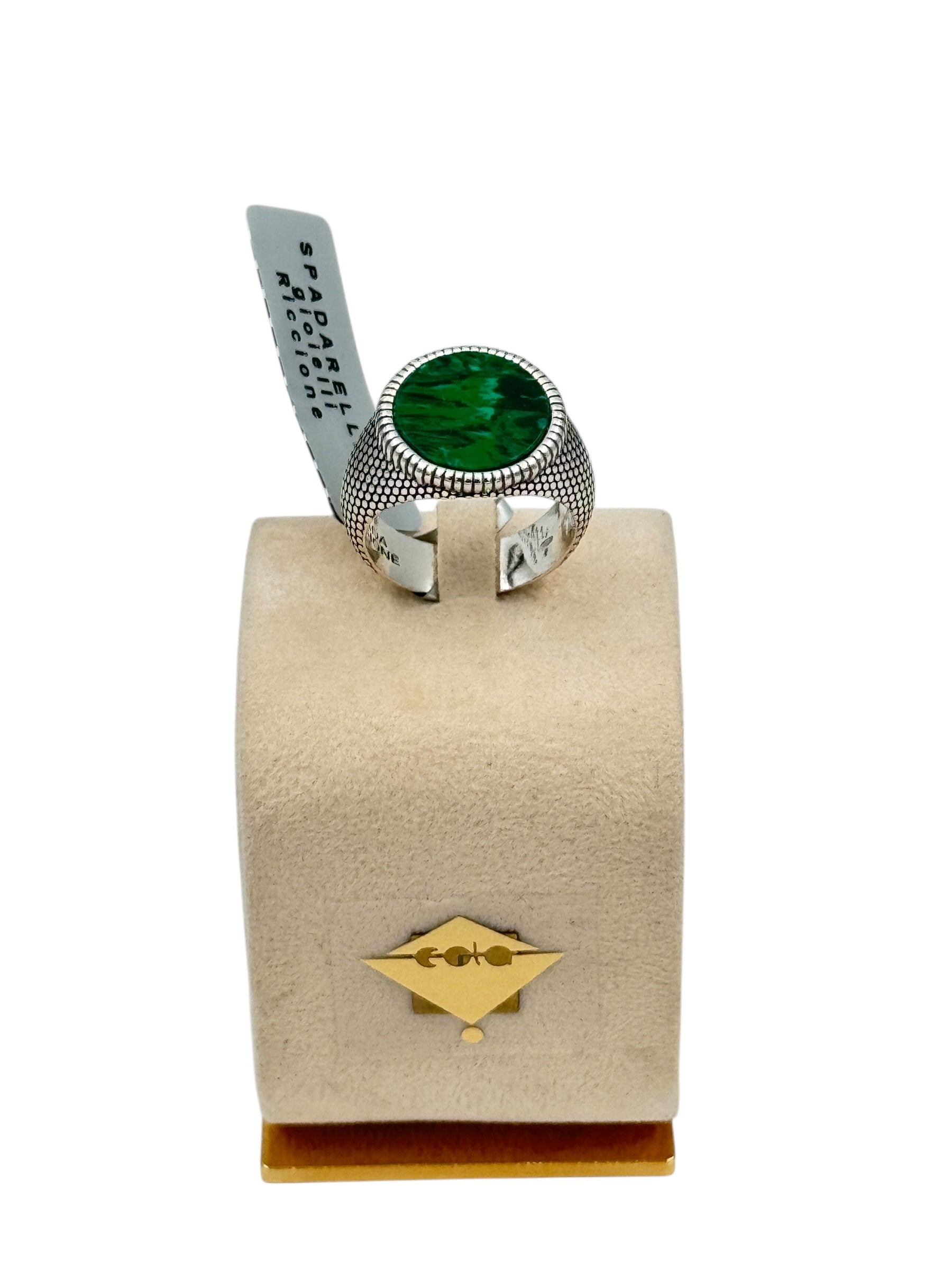 Anello Spadarella in argento, uomo, pietra tonda, pasta di malachite verde - AN723